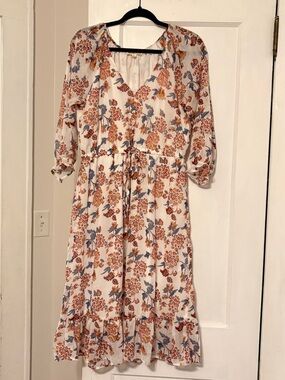 Indigo Cream Midi Dress with Rust Floral & Soft Blue Leaves